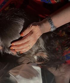 an older woman is grooming her dog's hair