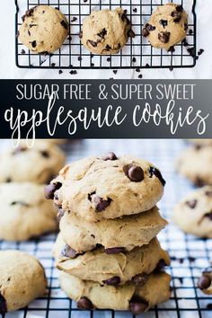 chocolate chip cookies stacked on top of each other with the words sugar free and super sweet app