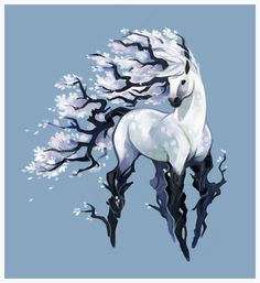 a white horse standing in front of a tree with snow on it's branches