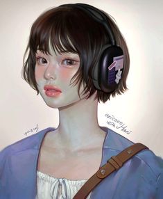 a painting of a woman with headphones on