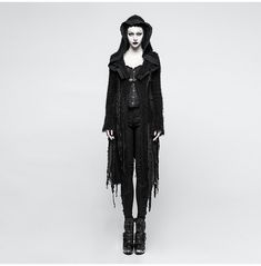 Complete your fall outfit the gothic way with the black faux fur decadent hooded asymmetric sweater. Edgy Outerwear With Drawstring Hood For Winter, Edgy Winter Outerwear With Drawstring Hood, Edgy Fringed Winter Outerwear, Edgy Fringe Winter Outerwear, Edgy Winter Outerwear With Fringe, Ripped Cardigan, Asymmetric Sweater, Gothic Shop, Asymmetrical Sweater