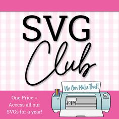 the svg club logo on a pink and white checkered background with black lettering