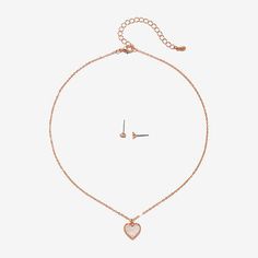 # Pieces In Set: 2Included: 1 Necklace(s), 4 Pair of EarringsFeatures: In A Gift BoxEarring Back: PostJewelry Closure: Lobster ClaspLink Construction: SolidShape: HeartMetal Color: Rose ToneChain Length: 16 InchEarring Length: 5mmEarring Width: 5mmExtender Length: 3 InchPendant Length: 13mmPendant Width: 13.5mmChain Construction: LinkCare: Wipe CleanEarrings Type: Post EarringsEarrings Style: Stud EarringsMetal: ZincNecklace Type: Pendant NecklacesOwned & Founded: Women Owned/FoundedPendant & Ch Light Pink Jewelry, Heart Jewelry Set, Pink Jewelry Set, Rose Tone, Pink Jewelry, Watches Jewelry, Jewelry Set, Jewellery And Watches, Jewelry Sets