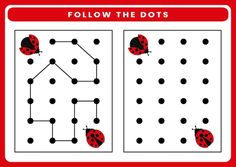 a red and white poster with two ladybugs on it, one is missing the dots