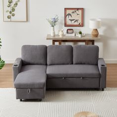 a living room with a gray couch and white rug