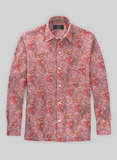 Nurture a sense of graceful composure with the Italian Adriano Summer Linen Shirt, diligently tailored from cotton linen blend fabric. Radiating worldliness with its immaculate pink hue and intricate paisley motif, it offers not just cool comfort but also a hint of refined panache.  From oceanfront soirées to leisurely brunches and stylish weddings, it exudes an effortless charm, embodying casual magnificence.    Click 'Customize Now' to modify the look if needed.    Pamper yourself, get this sh Classic Shirt With Paisley Print And Spread Collar, Classic Paisley Print Summer Shirt, Classic Summer Shirt With Paisley Print, Classic Long Sleeve Paisley Print Shirt, Classic Long Sleeve Shirt With Paisley Print, Spring Cotton Tops With Traditional Fit, Traditional Fit Long Sleeve Shirt For Spring, Traditional Fit Cotton Tops For Spring, Fitted Pink Linen Top