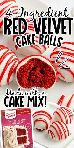 red velvet cake balls with white frosting and candy canes