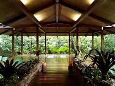 an outdoor covered walkway with plants and lights