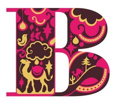 the letter b is decorated with christmas decorations and stars in pink, gold and red