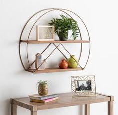 two shelves on the wall with plants and pictures next to them, one has a plant in it