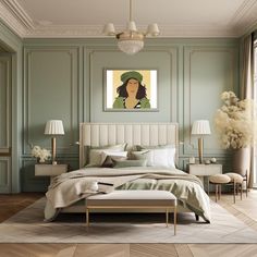 a bedroom with green walls and white bedding in the center is a large painting on the wall