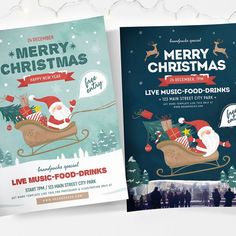 two christmas flyers with santa on sleigh