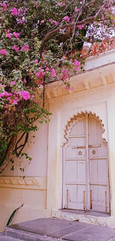 an old door with pink flowers growing over it