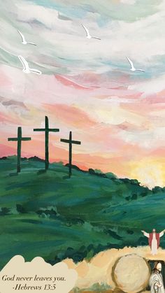 a painting of three crosses on top of a hill