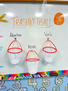 two plastic basketballs hanging on a whiteboard with words and numbers written below them