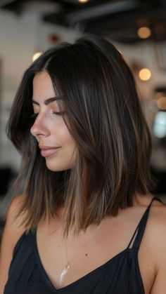 Dark Brown With Light Balayage, Root Shadow Brunette Balayage, Brunette Simple Highlights, Ashy Dark Brown Balayage, Smoky Brown Balayage, Add Dimension To Black Hair, Medium Dark Balayage Hair, Natural Dark Hair Balayage, Dark Hair With Subtle Dimension