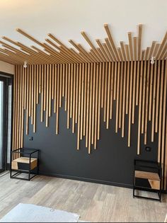 a room with wooden slats on the wall