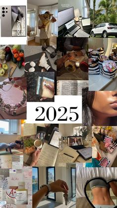 a collage of photos with the words 2055 written on them and pictures of objects