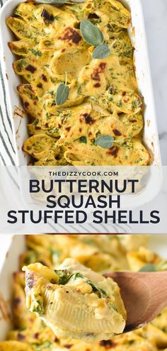 a casserole dish with butternut squash and stuffed shells is shown in this collage