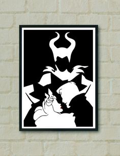 a black and white poster on a brick wall with the silhouettes of two evil men