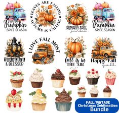 a bunch of cupcakes that are decorated with pumpkins and fall decorations on them