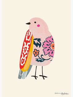 a pink bird with flowers on it's body and the words coca cola written in red