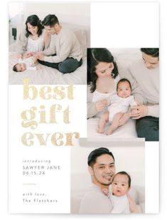 the best gift ever photo card is shown in gold foil and features photos of two people holding