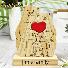 personalized wooden bear family with heart