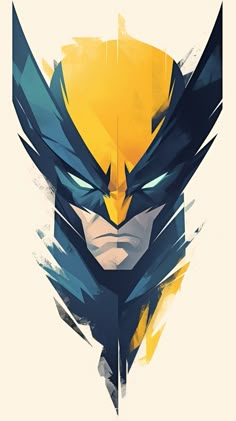 an illustration of the face of batman, with yellow and blue paint strokes on it