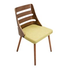 an upholstered chair with wooden legs and a green seat pad on the back