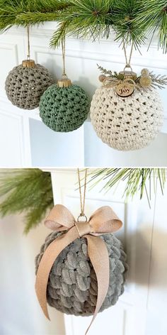 crocheted pine cone ornaments hanging from a christmas tree with ribbon and bows on them