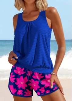 Color:Royal Blue;Size:S;Size:M;Size:L;Size:XL;Size:XXL;Package Contents:1 X Top , 1 X Shorts;Occasion:Sport; Blue Tankini, Beach Bridesmaid Dresses, Trendy Swimsuits, Printed Tankini, Plus Size Swim, Swimwear Bottoms, Black Swimwear, Tankini Set, Blue Floral Print