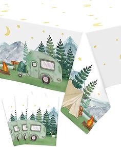 two pictures of a camper with trees and mountains in the background, one has a tent