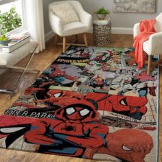 a living room with a spiderman rug on the floor