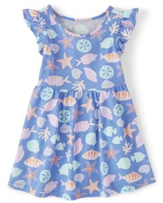 The Children's Place Summer Ocean Theme Dress, NEW Comfortable cool cotton jersey dress with ruffle flutter sleeves. Knee length. Perfect for a summer day! Please check out my store gymmykids for other sizes in this same line or for a variety of styles and choices.