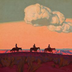 three people riding horses in the desert under a cloudy sky