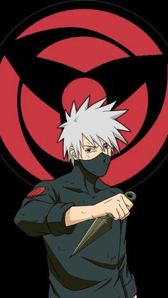 an anime character holding a knife in front of a red and black circular background with the words naruto on it