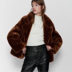 Brand New With Tags Size: Medium Zara Faux Fur Coat Brown, Short Fake Fur Jacket, Elegant Faux Fur Outerwear For Fall, Classic Long Sleeve Fur Coat For Fall, Chic Faux Fur Winter Outerwear, Chic Faux Fur Outerwear For Winter, Chic Faux Fur Coat For Fall, Mink Color Long Sleeve Fur Coat For Fall, Classic Fall Outerwear With Faux Fur Trim