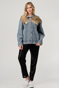 Gee Gee Washed look soft and comfy jean denim jacket with gold sequins accents on shoulders and pocket flaps. Extra Long sleeves, button up, collared, chest pockets. Southwest vibes. Casual and classy. It's a must have layer piece coat jacket. Color: Gold Combo Sizes: S-M-L J2-1/SJ1876 Gold Sequin Jacket, Palazzo Pants Plus Size, Fall Winter Jacket, Comfy Jeans, Sequin Jacket, Fall Denim, Extra Long Sleeves, Gold Sequins, Winter Coats Jackets