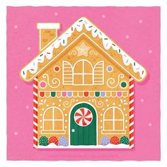 a gingerbread house on a pink background