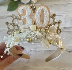 Do you want a statement age birthday tiara, then is this for you. If you are to  celebrate your 13th, 16th, 21st, 30th,40th or any age!!. Full of gems, pearls and glitters on this headband. every headband is bespoke to order.  Any colour is available, please pop me a message to discuss. Safety Although all of my beautiful handmade accessories are made with great love and care, they do contain small parts. Children must be supervised whilst wearing bows or headbands and please remove their access Gifts For 30th Birthday, Birthday Tiaras, Birthday Crowns, 40 Birthday, Birthday Crown, 30th Birthday Gifts, 30 Gifts, Turbans