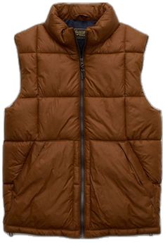 Brown Casual Puffer Jacket For Outdoor Activities, Casual Brown Puffer Jacket For Outdoor Activities, Solid Color Puffer Vest For Cold Weather, Solid Puffer Vest For Cold Weather, Cold Weather Solid Puffer Vest, Outdoor Nylon Vest With Zipper Closure, Nylon Vest For Winter And Cold Weather, Sleeveless Outerwear With Padded Collar For Outdoor, Nylon Vest For Cold Weather And Winter