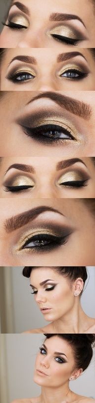 Beautiful gold look. Can also be used for Victoria secret models makeup just with a lighter dark eyeshadow in the corners :) Gold Eyebrows, Eyeshadow Brown Eyes, Eyebrows Ideas, Gold Smoky Eye, Eyeshadow Guide, Smoky Eye Tutorial, Permanente Make-up, Make Up Gold, Gold Smokey Eye