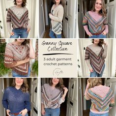 a collage of photos showing different styles of crochet sweaters with text reading granny square collection 3 adult garment crochet patterns