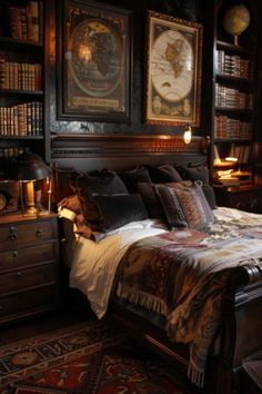 a bed in a room with lots of books on the shelves