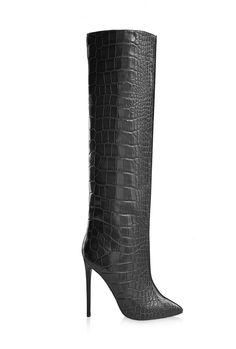 Also Available: Description Create an ultra luxe look this winter with our new embossed leather knee boots. Set on a slim stiletto heel these boots make for an elegant gait. We love wearing these over skinny jeans and an oversize long sweater or button down shirt. They have been carefully crafted in Italy from exotic embossed leather and are meant to be worn loose around the knees and legs for that cool-girl look. Material: Black embossed leather Heel Height: 115mm/4.5 inches Shaft height: Size Rope Sandals, Leather Knee Boots, Winter Fashion Boots, Black Leather Heels, Long Sweaters, Brown Boots, Winter Women, Embossed Leather, Leather Heels