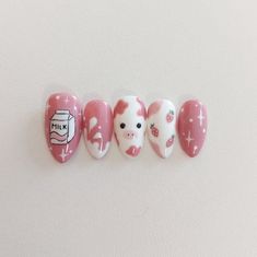 Fun Cute Nail Designs, Nail Inspo Strawberry, Strawberry Inspo Nails, Simple But Cool Nails, Cutest Nails Ever, Nail Art Press On, Press On Nails Cute, Cute Short Nails Square, Simple Cute Nail Designs