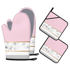 two oven mitts, one with pink and white marble design on the front and one with grey stripes