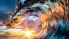 a painting of an ocean wave with the sun in the background