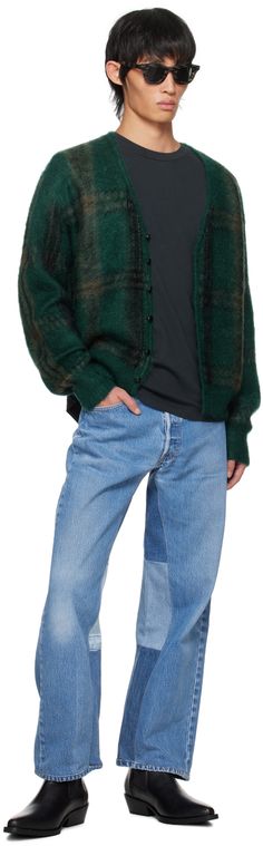 Shag knit mohair- and wool-blend cardigan. Jacquard check pattern throughout. · Y-neck · Button closure · Rib knit hem and cuffs Supplier color: Emerald plaid Classic Mohair Cardigan For Fall, Fly Logo, Boys Jeans, Check Pattern, Contrast Stitch, Big Boys, Luxury Streetwear, Stretch Denim, Patch Logo